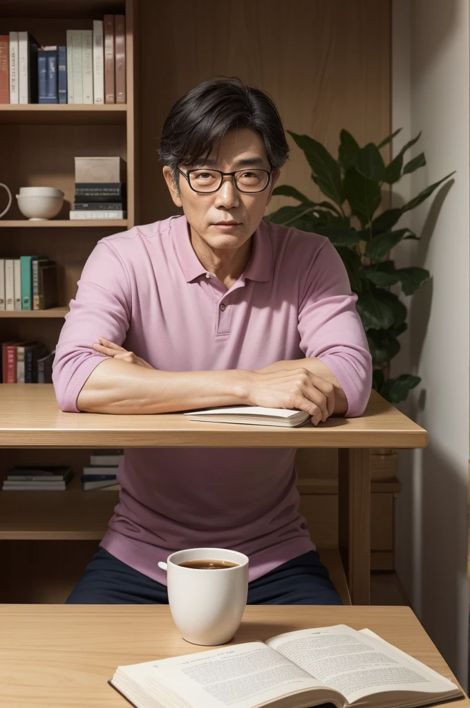 Image of an ultra realistic 55 year old South Korean man with a wiser face in the scene sitting at the table with a book in his hand in the office that has colors living at home with a bookshelf with books and plants behind without cutting his body with bright colors