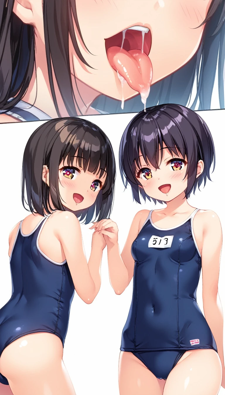 2girls, tiny girl, young girl, mesugaki, mesugaki smile, tidy, yoing lady, long hair, Black hair, short cut, school swim suit, color, small breasts, big ass, thick thighs, Teasing, naughty looks, heart eyes, Lower arm, Focus on the girl, glossly skin, oily skin, Gravure, pinup, junior idols, image video, fellatio gestures, tongue sticking out, Drooling, milk, Close up of face, bust up, Masterpiece:2, Top Quality, high Quality, Very Detailed, ultra High Resolution, super High Resolution, Beautiful Detail, Dynamic angles, perfect lighting, 8k, Animation Style, cartoon style, game cg,