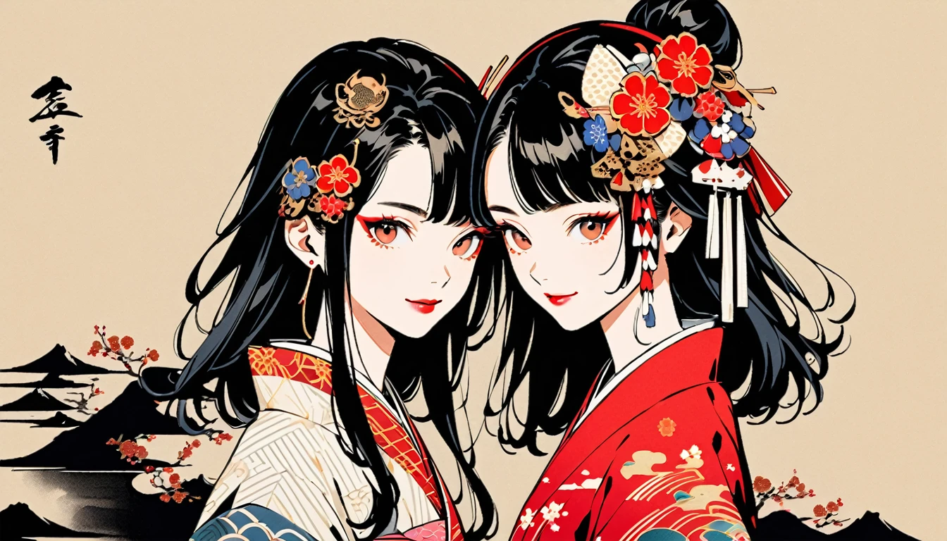 (((Ink Painting))), Fashion portrait color photos, (((twins))), (((Japanese patterned kimono))), (((Very flashy hair accessories))), (((Very flashy makeup))), Japanese style headphones, smile, front view, Japan人の美少女, Black Hair, Delicate and precise, Modern ukiyo-e style,Japan, Japanese flag