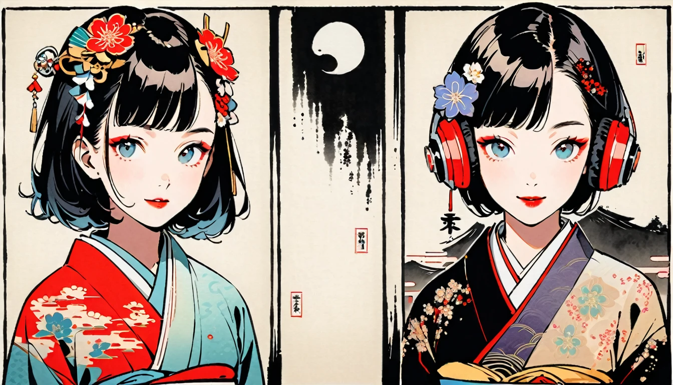 (((Ink Painting))), Fashion portrait color photos, (((twins))), (((Japanese patterned kimono))), (((Very flashy hair accessories))), (((Very flashy makeup))), Japanese style headphones, smile, front view, Japan人の美少女, Black Hair, Delicate and precise, Modern ukiyo-e style,Japan, Japanese flag