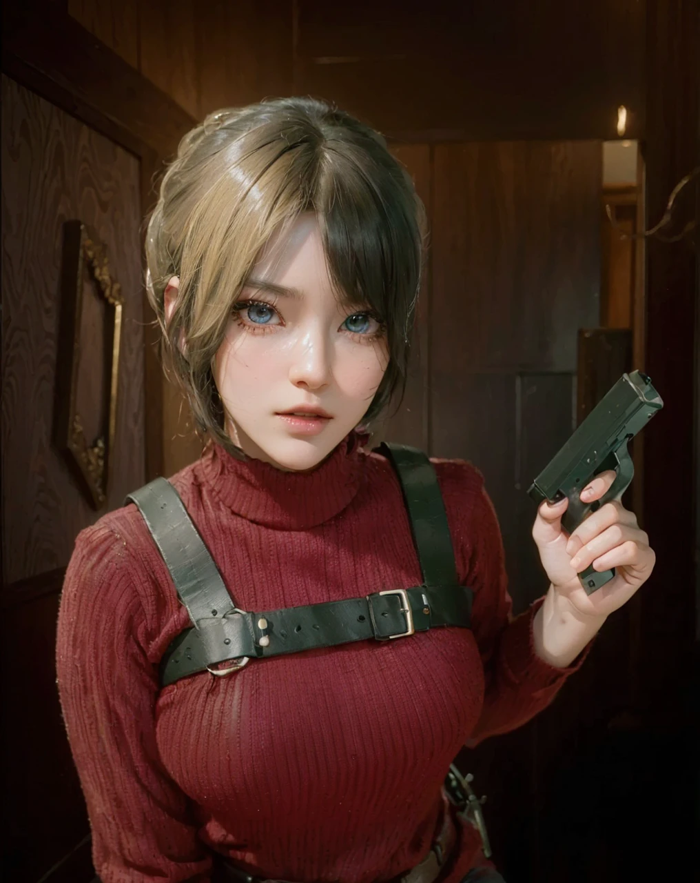 ( ADA WONG_RESIDENT EVIL 4),((realistic, photorealistic)),(highlight hair)), Light reflection, (( HD )),((upper body)), (((best quality, masterpiece))), (masterpiece) (best quality) (detail) (8k) (HDR) (wallpaper) (cinematic lighting) (sharp focuasterpiece, best quality: 1.1), Real life adaption of this character, realistic outfit, realistic shadow, realistic light, realism, hyper realistic, realistic background,realistic hair,(photorealistic:1.2), (masterpiece: 1.2), (best quality: 1.3), (clear details: 1.3), ((((ultra-detailed)))), ((detailed eyes)), (extremely detailed face:1.4), (highly detailed eyelash:1.6), Ada_re4, (sitting),(beautiful face:1.5), 1girl,black hair, short hair, red sweater, belt, black thigh boots, ((full body)),(realistic:1.7),((best quality)),absurdres,(ultra high res),(photorealistic:1.6),photorealistic,octane render,(hyperrealistic:1.2), (photorealistic face:1.2), (8k), (4k), (Masterpiece),(realistic skin texture), (illustration, cinematic lighting,wallpaper),( beautiful eyes:1.2),((((perfect face)))),(cute),((looking at viewer)), indoor,light hair,