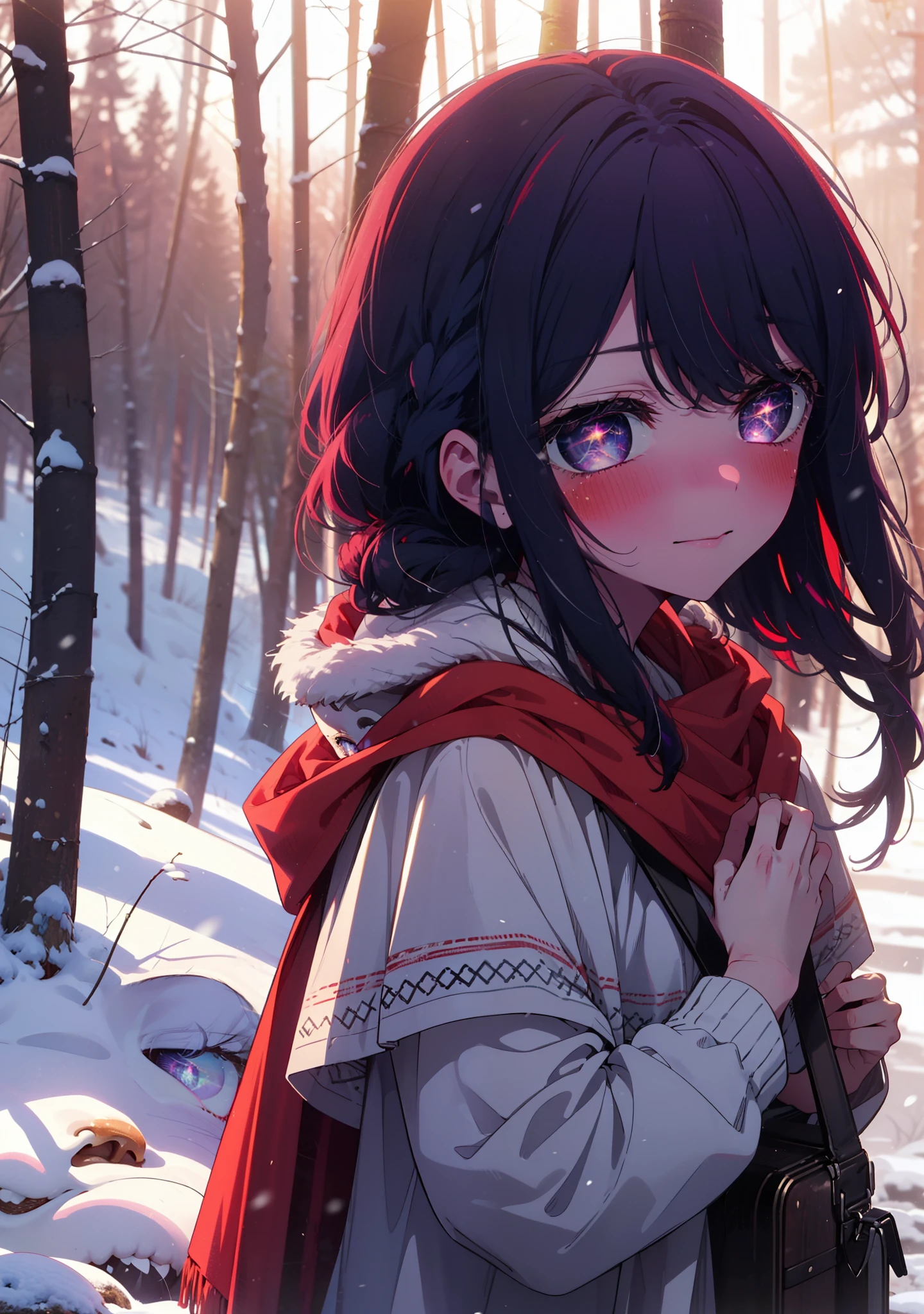 aihoshino, Ai Hoshino, Long Hair, bangs, (Purple eyes:1.1), Purple Hair, (Symbol-shaped pupil:1.5), smile,,smile,blush,white breath,
Open your mouth,snow,Ground bonfire, Outdoor, boots, snowing, From the side, wood, suitcase, Cape, Blurred, , forest, White handbag, nature,  Squat, Mouth closed, Cape, winter, Written boundary depth, Black shoes, red Cape break looking at viewer, Upper Body, whole body, break Outdoor, forest, nature, break (masterpiece:1.2), Highest quality, High resolution, unity 8k wallpaper, (shape:0.8), (Beautiful and beautiful eyes:1.6), Highly detailed face, Perfect lighting, Highly detailed CG, (Perfect hands, Perfect Anatomy),