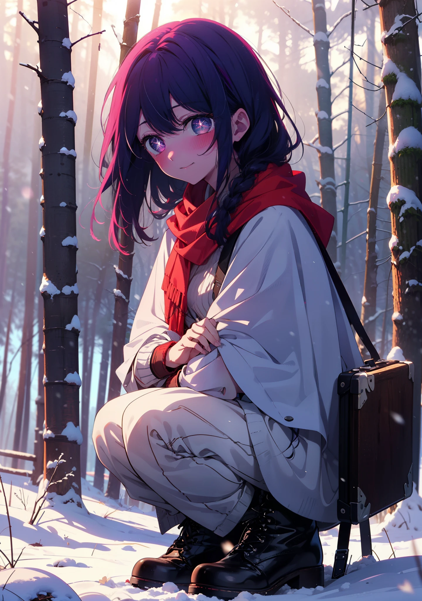 aihoshino, Ai Hoshino, Long Hair, bangs, (Purple eyes:1.1), Purple Hair, (Symbol-shaped pupil:1.5), smile,,smile,blush,white breath,
Open your mouth,snow,Ground bonfire, Outdoor, boots, snowing, From the side, wood, suitcase, Cape, Blurred, , forest, White handbag, nature, Squat, Mouth closed, Cape, winter, Written boundary depth, Black shoes, red Cape break looking at viewer, Upper Body, whole body, break Outdoor, forest, nature, break (masterpiece:1.2), Highest quality, High resolution, unity 8k wallpaper, (shape:0.8), (Beautiful and beautiful eyes:1.6), Highly detailed face, Perfect lighting, Highly detailed CG, (Perfect hands, Perfect Anatomy),