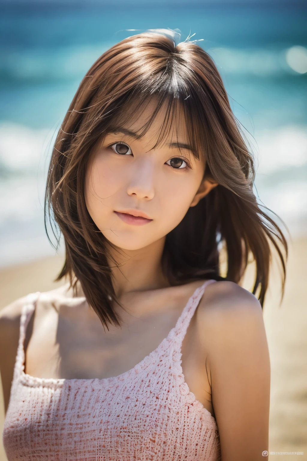 8k, highest quality, masterpiece, super high resolution, (realistic:1.4), RAW Photos, (Film Grain:1.3), One Girl, portrait of a skinny Japanese woman, 30 years old, standing on the beach, a cute face, detailed face, detailed eyes, {short|long} hair, correct body anatomy, photogravure