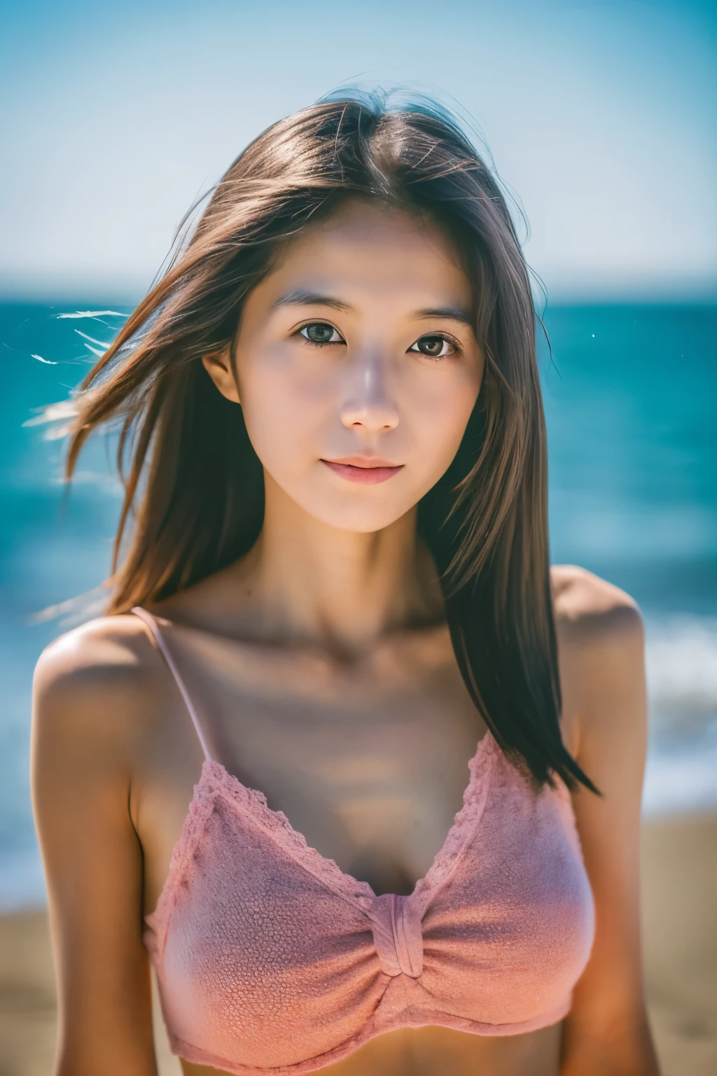 8k, highest quality, masterpiece, super high resolution, (realistic:1.4), RAW Photos, (Film Grain:1.3), One Girl, portrait of a skinny Japanese woman, 30 years old, standing on the beach, a cute face, detailed face, detailed eyes, {short|long} hair, correct body anatomy, photogravure