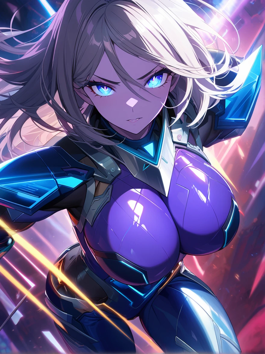 masterpiece, game CG, poster, highest resolution, official illustration, three-dimensional coloring, detailed Coloring, detailed description, artistic beauty, (1girl:1.2),(solo:1.2),facial features sharp Face,large_breasts,
Muscular build, sleek, streamlined body, purple skin, metallic accents, sharp features, glowing eyes, intense blue eyes, angular face, futuristic design, high-tech armor, smooth, shiny metal, high collar, fitted bodysuit, dark purple with silver highlights, armored segments, geometric patterns, sleek, form-fitting pants, metallic sheen, integrated energy conduits.