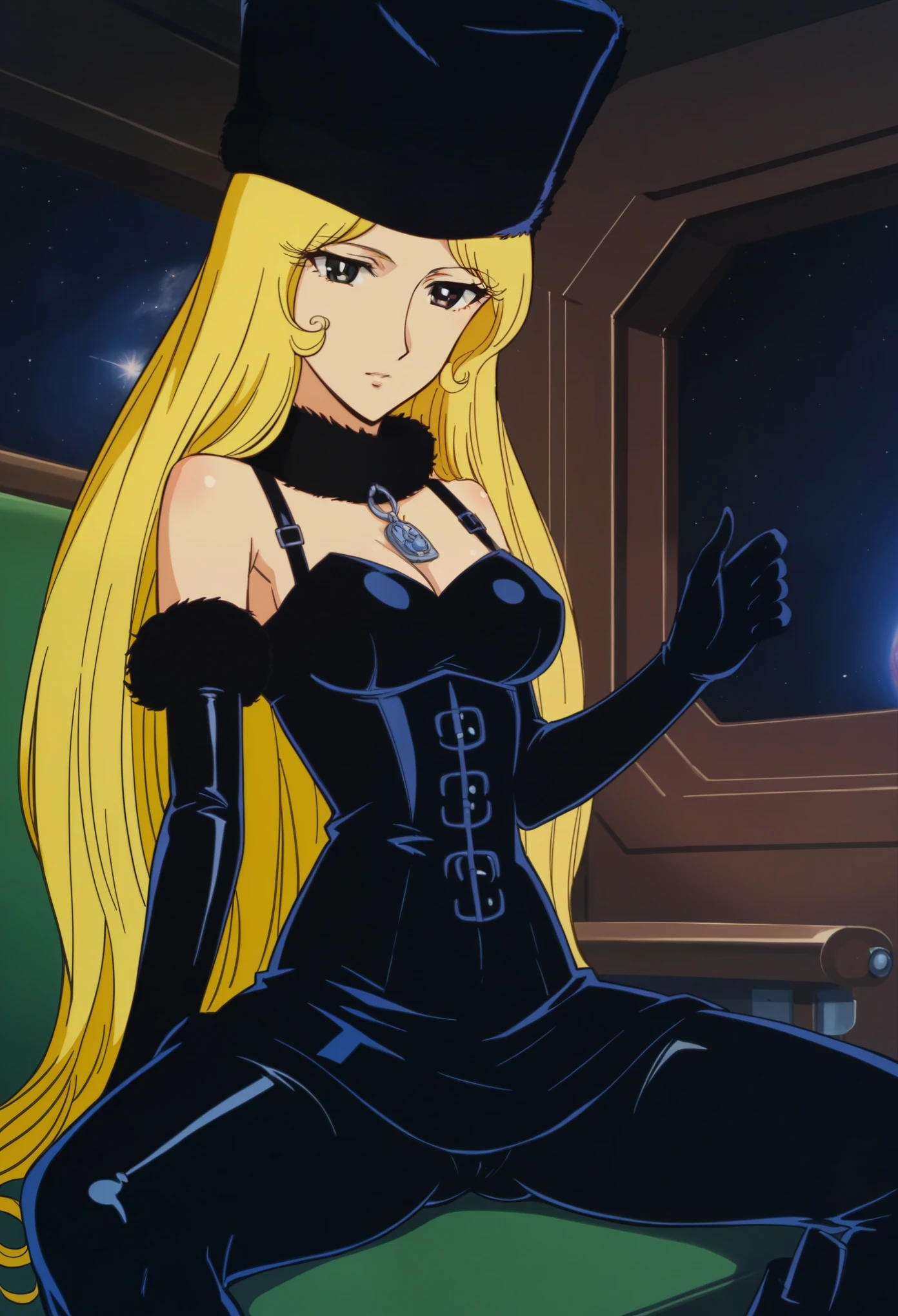 (((Yankee sitting:1.4)))、(((open legs:1.4)))、(((Wide-open legsでしゃがむ:1.4)))、(((Spread your legs in an M shape:1.4 )))、BDSM、Queen、mistress、(((One girl)))、(((solo:1.8)))、(((Black latex elbow gloves:1.4 )))、(((Black latex corset dress:1.4)))、(((The corset dress is decorated with beautiful lace.)))、(((Corset dress with shoulder straps)))、(((Black latex tight mini skirt:1.4)))、(((Black Thigh Boots)))、(((Black rubber tights:1.2 )))、(((Stiletto Heel Boots:1.4)))、(((Black latex panties)))、(((Black latex bra)))、(((Red leather collar)))、(((Sexy pose:1.4 )))、Wide-open legs:1.2、(((Erotic)))、(((Cowboy Shot)))、Close-up、Fine-grained beautiful skin、Perfectly balanced body based on anatomy、Two perfect anatomical arms、Two perfect anatomical legs、(Perfect 4 fingers and 1 thumb)、Maetel, Retro Style, 1980s, Flat Color, PDXL, Highest quality, Great quality, Score 9, One girl, Black clothes, space, Flowing Hair, Reaching out, Fur hat,