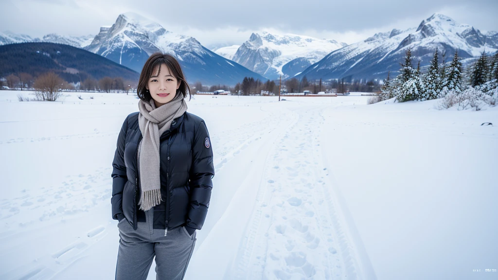 In snowy Switzerland, middle metaverse, with short hair, 3~Female model in her 40s, 4 thousand ], 4K], 37 year old Korean woman, Inspired by movie star Kim Ji-won, View of the snowy landscape of Jungfrau, Switzerland. padded jacket, casual pants. thick muffler、gray muffler, Photo showing the waist area, slightly smiling expression, Slight wrinkles are visible on the face of a woman in her 50s.. casual pants를 입고, Show your waist. Standing on white snow, Woman in her 50s, 1 woman alone, short medium bob hair