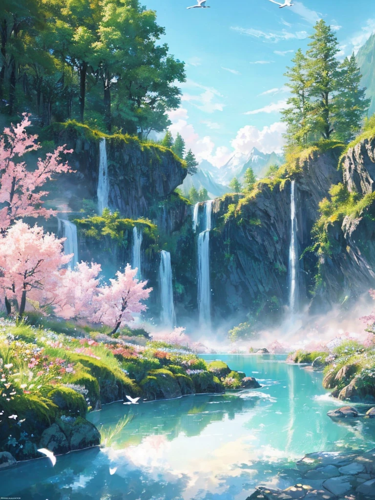 masterpiece, 最high quality, high quality,Very detailed CG unity 8k wallpaper, Enchanting and dreamy fantasy forest scenery, Seven-Colored Garden, Valley of the Fairies with a River Flowing Through It, Mysterious and fascinating, Sky Blue Sky, White dove flies, Complex, sunset, pastel colour, Award-winning photography, Written boundary depth, High resolution, bloom, chromatic aberration ,Realistic,Very detailed, White cloud, Trending on CGSociety, Complex, Attention to detail, dramatic, art：The middle of a journey