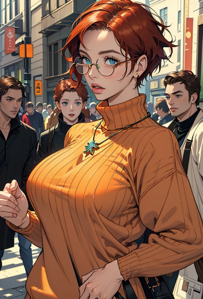 (masterpiece, Highest quality) One Woman,Age 35、Voluptuous body、 Ashley Graham RE, alone, chest, View your audience, short hair,Red Hair、 blue eyes, shirt, jewelry, medium chest, Green Eyes, Upper Body,Brown Hair, parted lips,, necklace, sweater, lips, turtleneck, Bobcut, ribbed sweater, Realistic, nose, 袖なし turtleneck, orange shirt, orange sweater,Wearing glasses,whole body