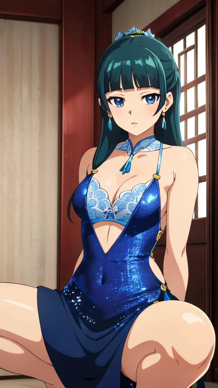 (Highest quality), (8k, High resolution), (masterpiece: 1.2), (Very detailed), (Anime art style), (maomao), One girl, Teen Style, Detailed green hair, Detailed blue eyes, Complicated hairstyle, Long Hair, Earrings, (slim body), (medium Breasts), Sparkling eyes, hair accessory, Earrings, Half Up, Slightly blunt bangs,  (China dress, Exposed shoulders), (tight cloths: 1.5), (open clothes), Detailed lighting, Bright colors, looking at viewer, squatting, spread legs, Cowboy Shot, indoor,