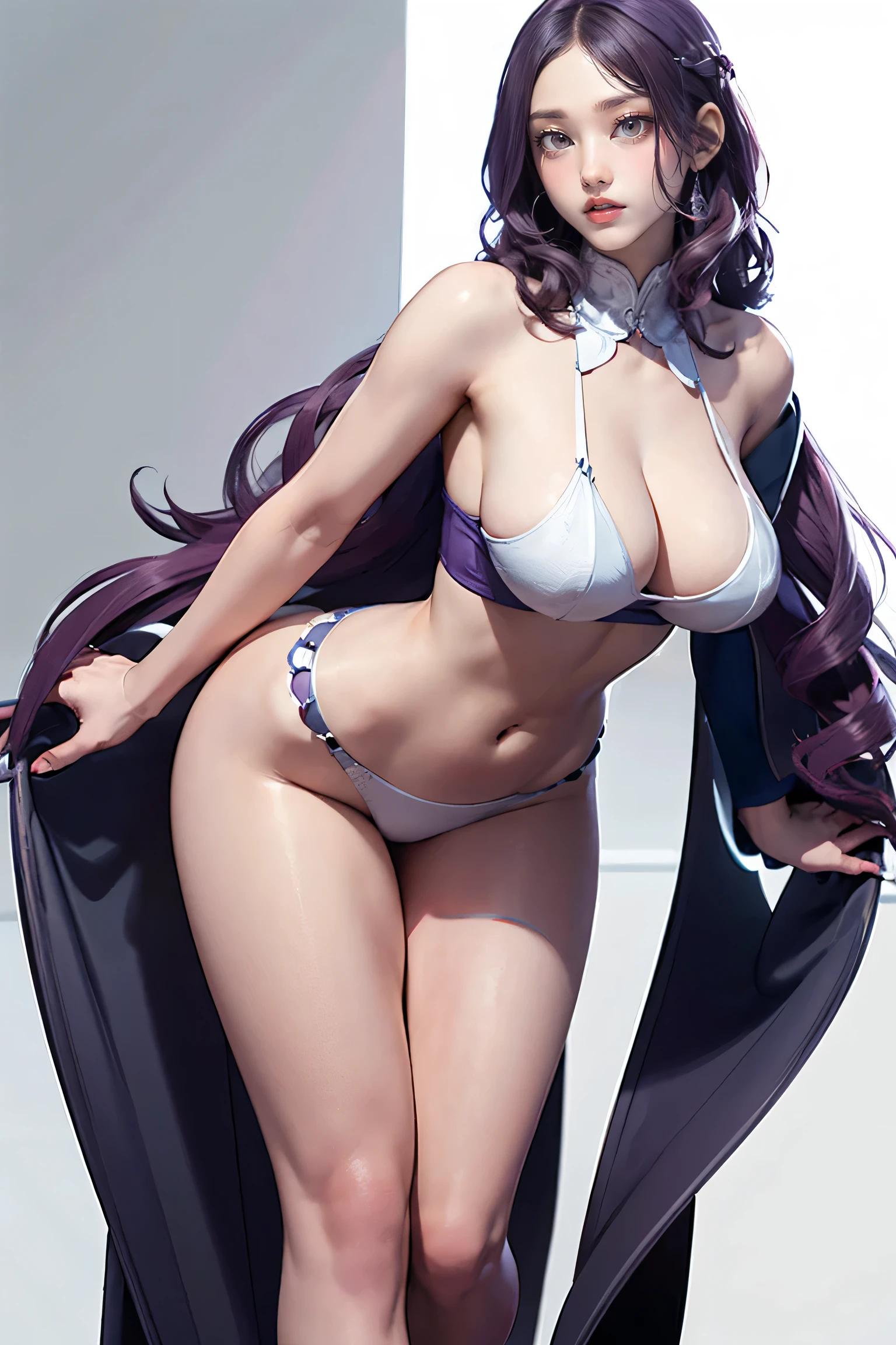 Masters of Animation, A perfect masterpiece, On a snow-white background、Cool outfits, Sexy and modern clothing、Sexy mature modern woman standing, Flowing purple hair, Spanish Curly Hair, Full Body Stand Posture, Thin legs, ((Large Breasts)), Detailed facial details, Natural and beautiful standing posture, Crisp and realistic body detail,(NSFW:0.9)