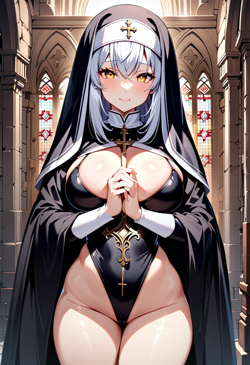 One Girl、Long Hair、Slightly large chest、（Slightly large chest：1.4)、Thick thighs、（Thick thighs：1.2)、Silver Hair、Golden Eyes、(Highest quality, 8k, 32K, masterpiece, Ultra-high resolution,:1.2),to be born, One Girl,So cute , Natural light,clear, Shining Eyes, 20-year-old ,Fair skin, See-through,((Extremely detailed CG unified 8k wallpaper)), (Huge and stunning goddess shot, Very hot and sexy, Incredible beauty, Perfect Proportions, Beautiful body, Slim body beauty:1.4), Medieval church, Brick wall, , ((Nuns, wearing white Nuns's outfit, Skins not showing, cross, Intricate details:1.3)), White Saint, Center of chest, smile, pray,sexy bra,Tie pants,Thong underwear