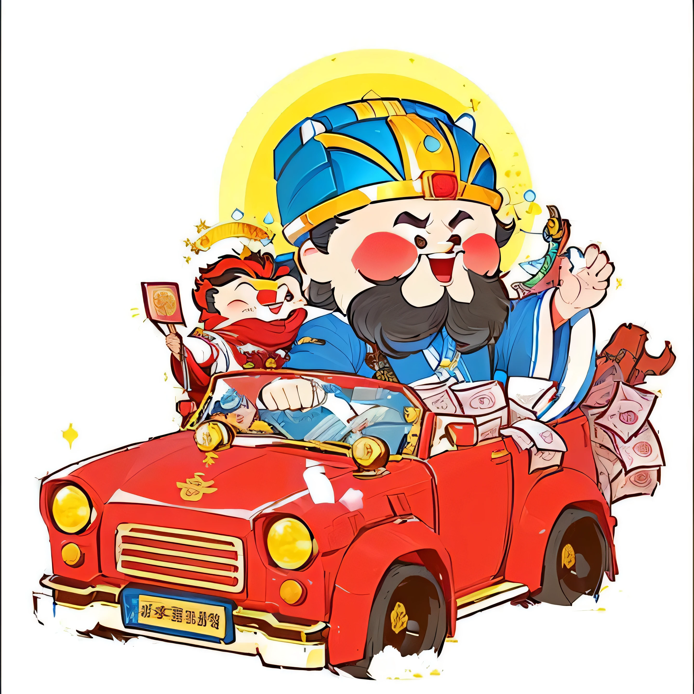 Cartoon illustration of a man driving a car with lots of money, God of Wealth, God Emperor, author:Okada Kita San, the God Emperor of mankind, Chiba Yudai, gentlemen. Halo character design, Sun Wukong, 🚿🗝📝, Bo Feng, by Qu Leilei, Tang Mo,Open mouth smile,happy,illustration