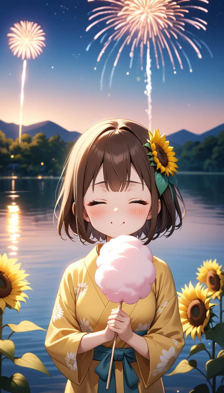 standing in front of a lake with fireworks, Brown bob hair、A cute character wearing a yellow yukata。She has a sunflower in her hair、Blushing cheeks and closed eyes。The character is holding a large piece of cotton candy。Light up your face in a dimly lit atmosphere。Emotional atmosphere。