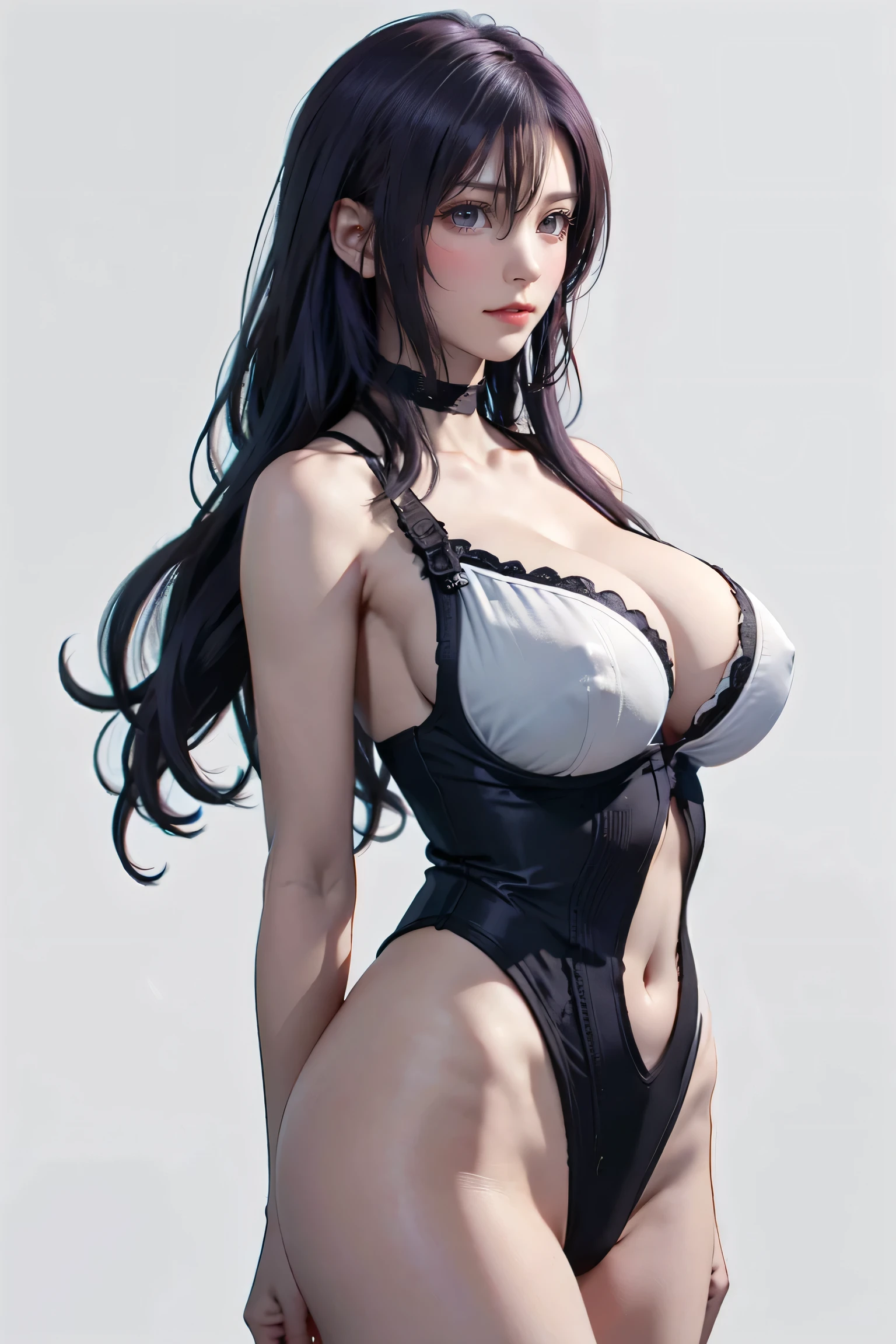 Masters of Animation, A perfect masterpiece, On a snow-white background、Cool outfits, Sexy and modern clothing、Sexy mature modern woman standing, Flowing purple hair, Spanish Curly Hair, Full Body Stand Posture, Thin legs, ((Large Breasts)), Detailed facial details, Natural and beautiful standing posture, Crisp and realistic body detail,(NSFW:0.9)
