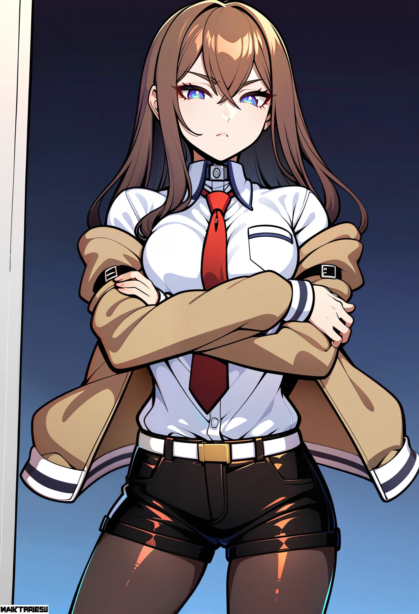 masterpiece, best quality, rating: general, (art by neocoill:0.4), solo, 1girl, makise kurisu, expressionless, crossed arms, jacket, off shoulder, collared shirt, red necktie, black shorts, pantyhose, legwear under shorts