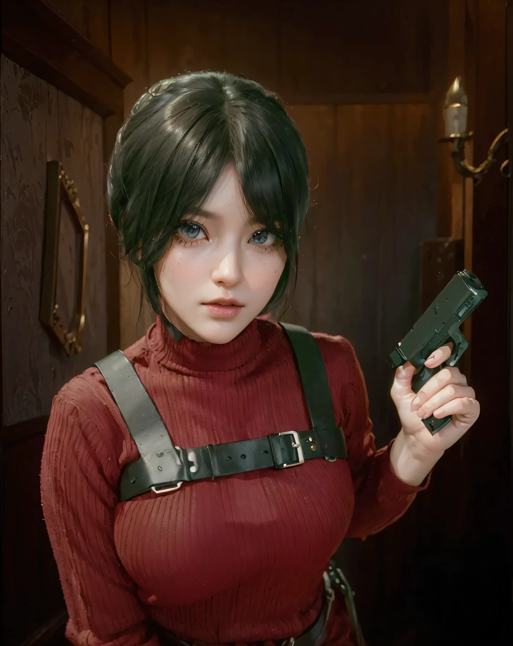 ( ADA WONG_RESIDENT EVIL 4),((realistic, photorealistic)),(highlight hair)), Light reflection, (( HD )),((upper body)), (((best quality, masterpiece))), (masterpiece) (best quality) (detail) (8k) (HDR) (wallpaper) (cinematic lighting) (sharp focuasterpiece, best quality: 1.1), Real life adaption of this character, realistic outfit, realistic shadow, realistic light, realism, hyper realistic, realistic background,realistic hair,(photorealistic:1.2), (masterpiece: 1.2), (best quality: 1.3), (clear details: 1.3), ((((ultra-detailed)))), ((detailed eyes)), (extremely detailed face:1.4), (highly detailed eyelash:1.6), Ada_re4, (sitting),(beautiful face:1.5), 1girl,black hair, short hair, red sweater, belt, black thigh boots,  ((full body)),(realistic:1.7),((best quality)),absurdres,(ultra high res),(photorealistic:1.6),photorealistic,octane render,(hyperrealistic:1.2), (photorealistic face:1.2), (8k), (4k), (Masterpiece),(realistic skin texture), (illustration, cinematic lighting,wallpaper),( beautiful eyes:1.2),((((perfect face)))),(cute),((looking at viewer)), indoor,light hair,