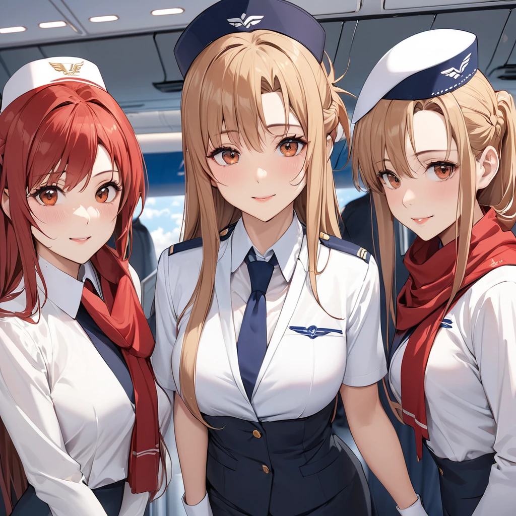 ((Highest quality)), ((masterpiece)), (detailed), (Perfect Face)、The woman is Yuuki Asuna, a flight attendant for Shandong Airlines, a Chinese woman with light brown, medium-long hair.、The woman is wearing a red Shandong Airlines flight attendant uniform, a uniform scarf and a uniform hat.、A beautiful Chinese flight attendant dressed in the typical Chinese bright red uniform、Flight attendants were photographed gathering in a line.