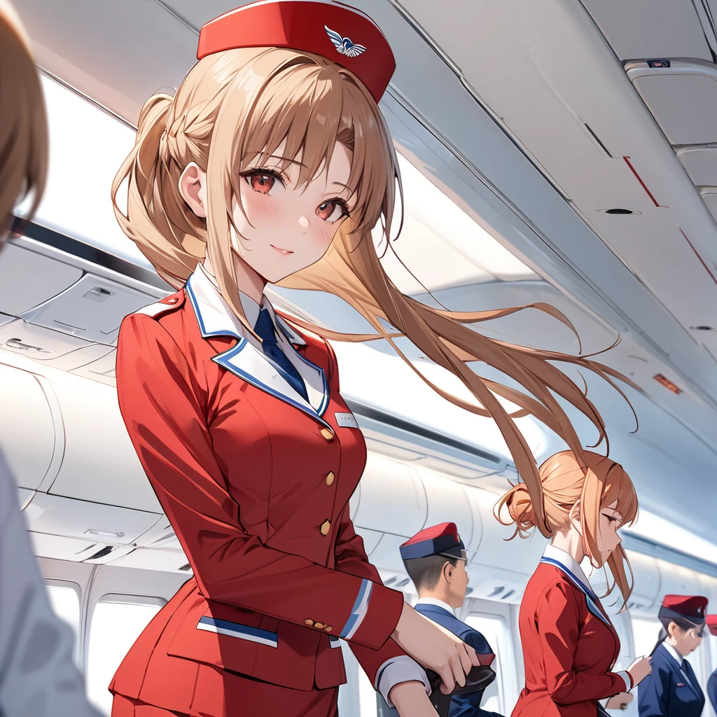 ((Highest quality)), ((masterpiece)), (detailed), （Perfect Face）、The woman is Yuuki Asuna, a flight attendant for Shandong Airlines, a Chinese woman with light brown, medium-long hair.、The woman is wearing a red Shandong Airlines flight attendant uniform, a uniform scarf and a uniform hat.、A beautiful Chinese flight attendant dressed in the typical Chinese bright red uniform、Flight attendants were photographed gathering in a line.