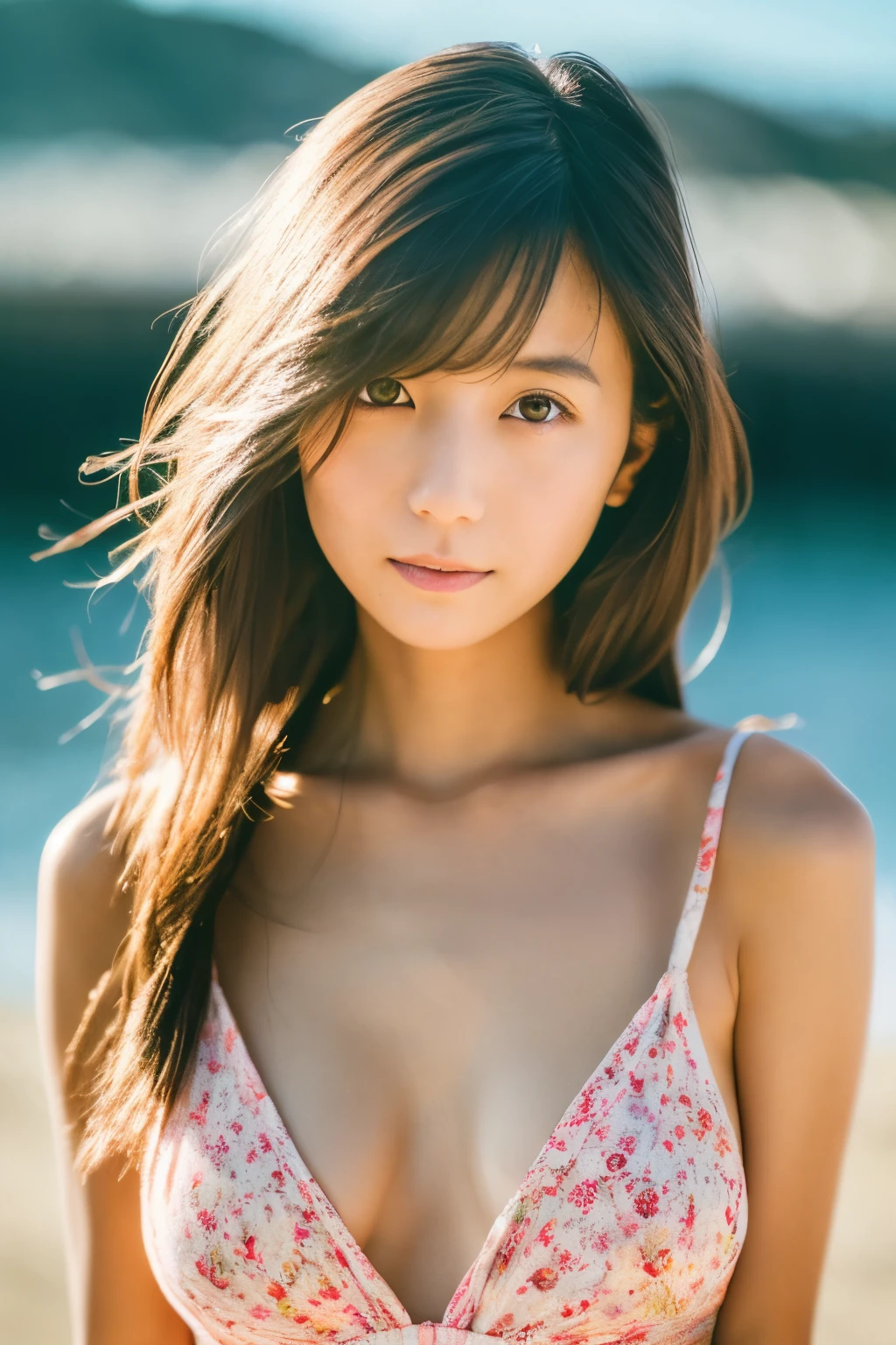 8k, highest quality, masterpiece, super high resolution, (realistic:1.4), RAW Photos, (Film Grain:1.3), One Girl, portrait of a skinny Japanese woman, 30 years old, standing on the beach, a cute face, detailed face, detailed eyes, {short|long} hair, correct body anatomy, wearing swimsuit, photogravure