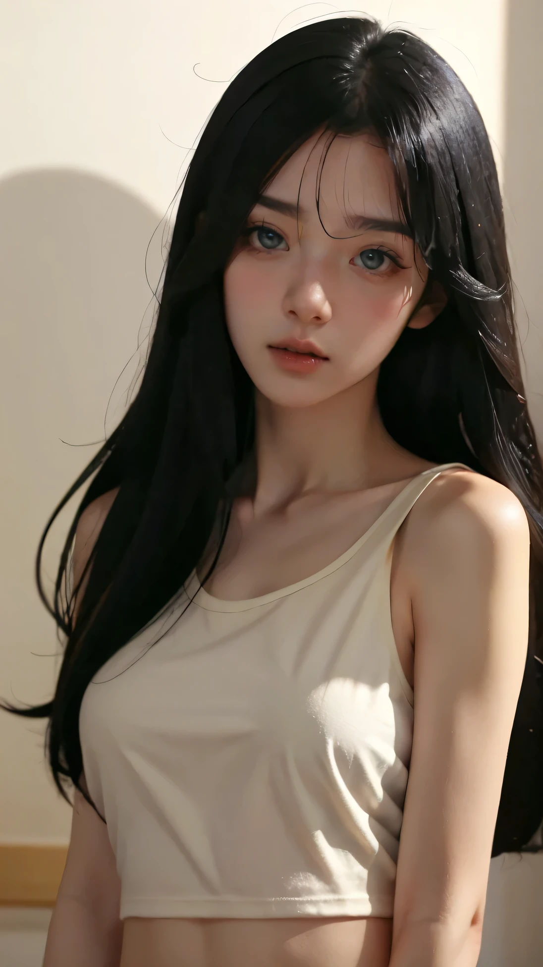 (masterpiece, best quality, ultra-detailed), (detailed background), (beautiful detailed face), high contrast, (best illumination, an extremely delicate and beautiful), ((cinematic light)), colorful, hyper detail, dramatic light, intricate details, (1girl, solo, long platinum hair, hair over eye, smooth body, sharp face, nsfw, tank top, medium breasts, underboob, shirt lift), indoor
