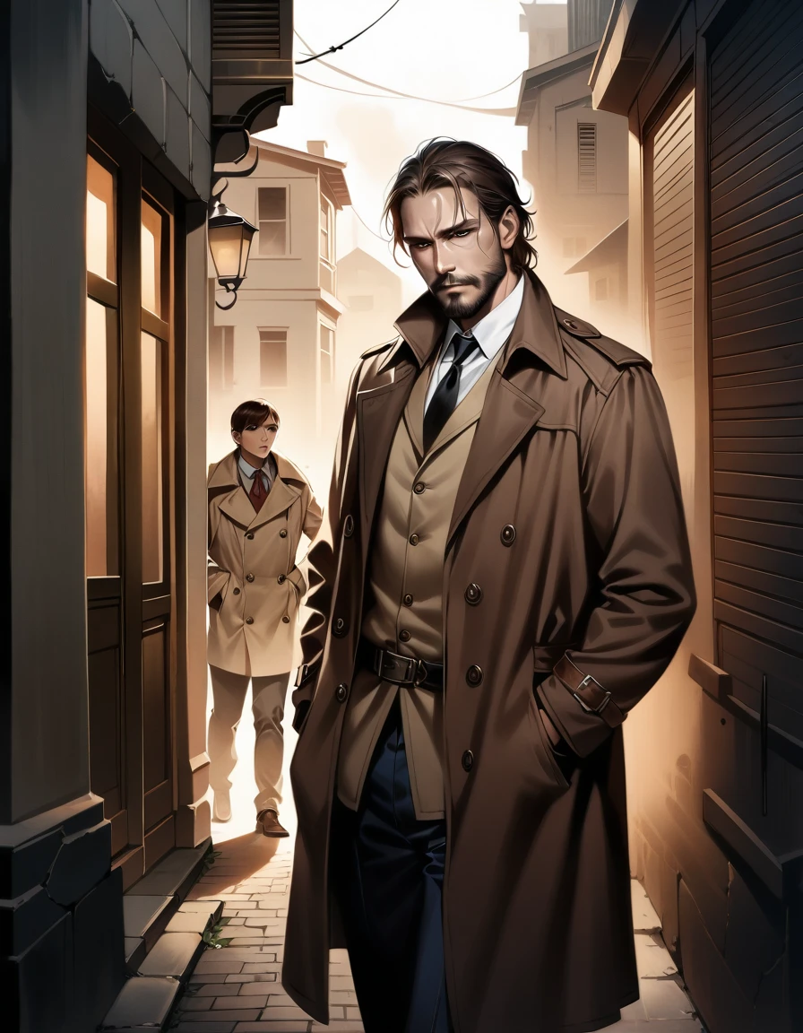 In a gritty, dimly-lit alleyway, a rugged middle-aged detective, sporting a scruffy beard and rumpled trench coat, stands tall, his worn eyes locked in a charged stare with the sultry femme fatale. Her porcelain skin glows like alabaster in the faint light, as she lets out a throaty laugh, sending a jolt through the air. The detective's flinched expression betrays his vulnerability, juxtaposed against the woman's effortless allure. A masterful study of contrasts, this image pulses with tension and desire, set against a backdrop of urban grime., masterpiece, Realistic, raw photo, incredibly absurd resolution, absolute resolution, super high resolution,16k