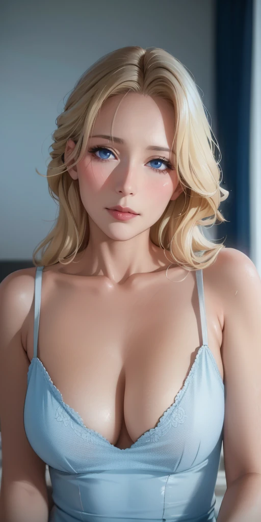 Elegant mature woman, milf, blue eyes, blonde hair, bangs, soft light, 4k resolution, high quality, beautiful cg