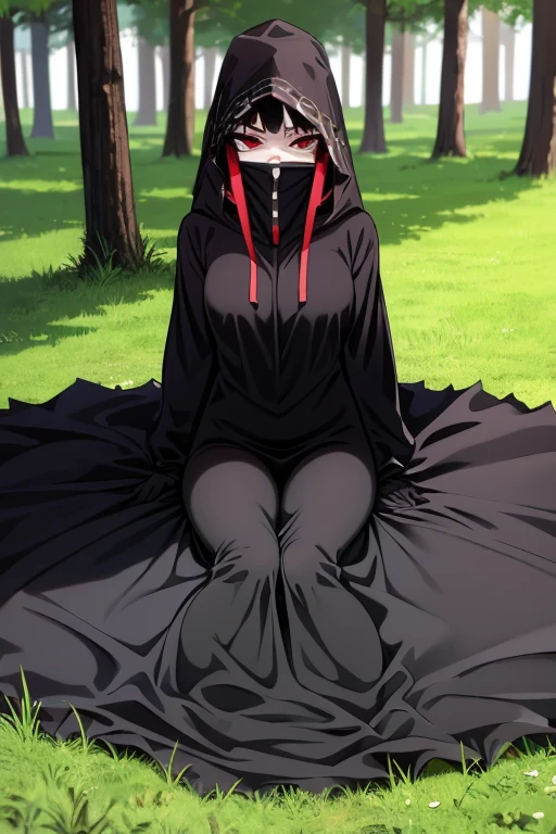 NNAssassinFSF, 1girl, solo, median breasts, black hair, red eyes, long sleeves, dress, hood, long skirt, black dress, cape, black cloak, hood up, black robe, covered mouth, hooded cloak, ((masterpiece,best quality)) forest, day, sitting . White gloves
