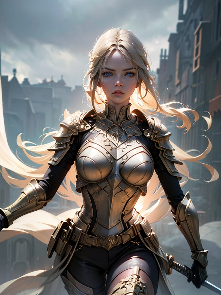 A beautiful young  woman with flowing blonde hair, wearing a stunning white armored battle dress, holding a majestic sword, fiercely engaged in combat, (best quality,4k,8k,highres,masterpiece:1.2),ultra-detailed,(realistic,photorealistic,photo-realistic:1.37),extremely detailed eyes and face,longeyelashes,intricate armor details,dramatic lighting,cinematic composition,epic fantasy,intense action,dynamic pose,powerful expression,rich color palette,cinematic mood