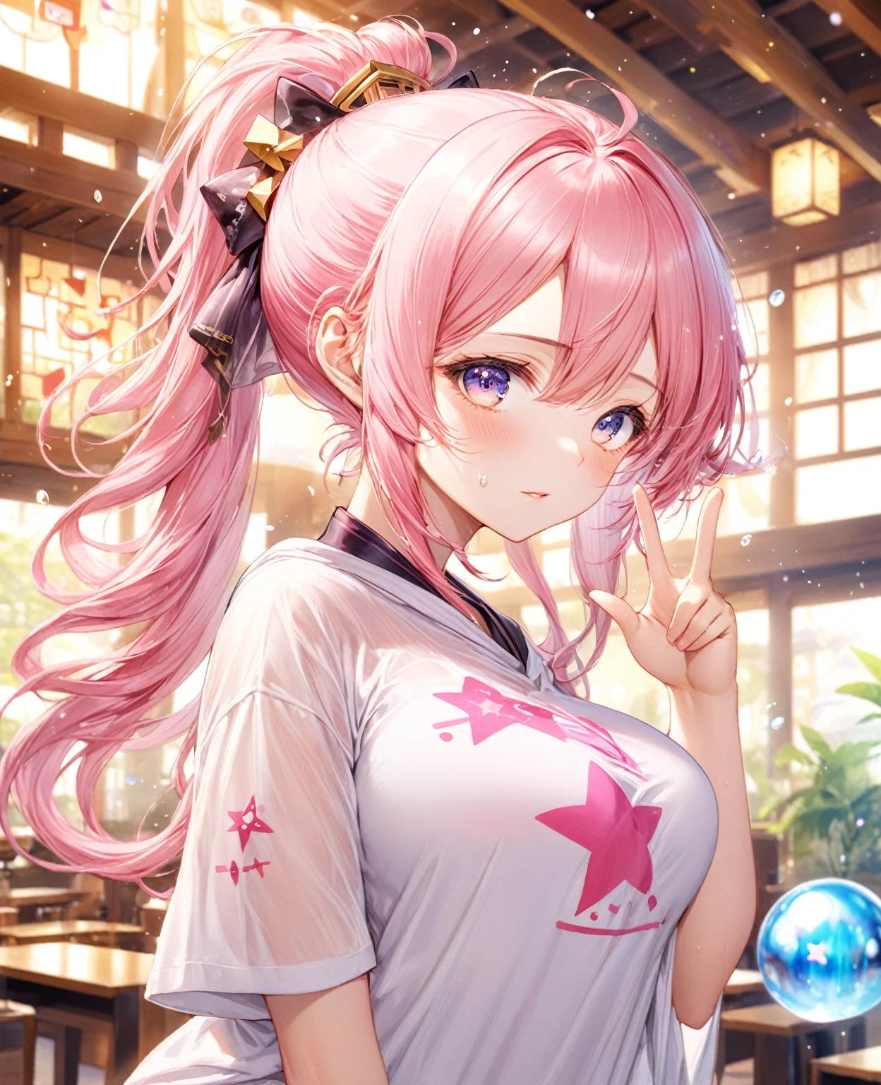 (Highest quality,8k,32K,masterpiece,Ultra-high resolution :1.2 ),born,One girl,Super cute,Natural light,Clear, shining eyes,20-year-old,Fair skin,A fantasy background of a clubhouse-like electronic world,Pink Hair,Hairstyle with some white mesh,High ponytail,Large Breasts,Oversized T-shirts,Nagashi somen,Nagashi somenを胸で受け止めている,Water on the chest,Meloic sign,Wish pose,Pink star tattoo under eye,Tehepero,Sticking out one's tongue,There is spray-painted graffiti on the wall,Band members,Tree eyes