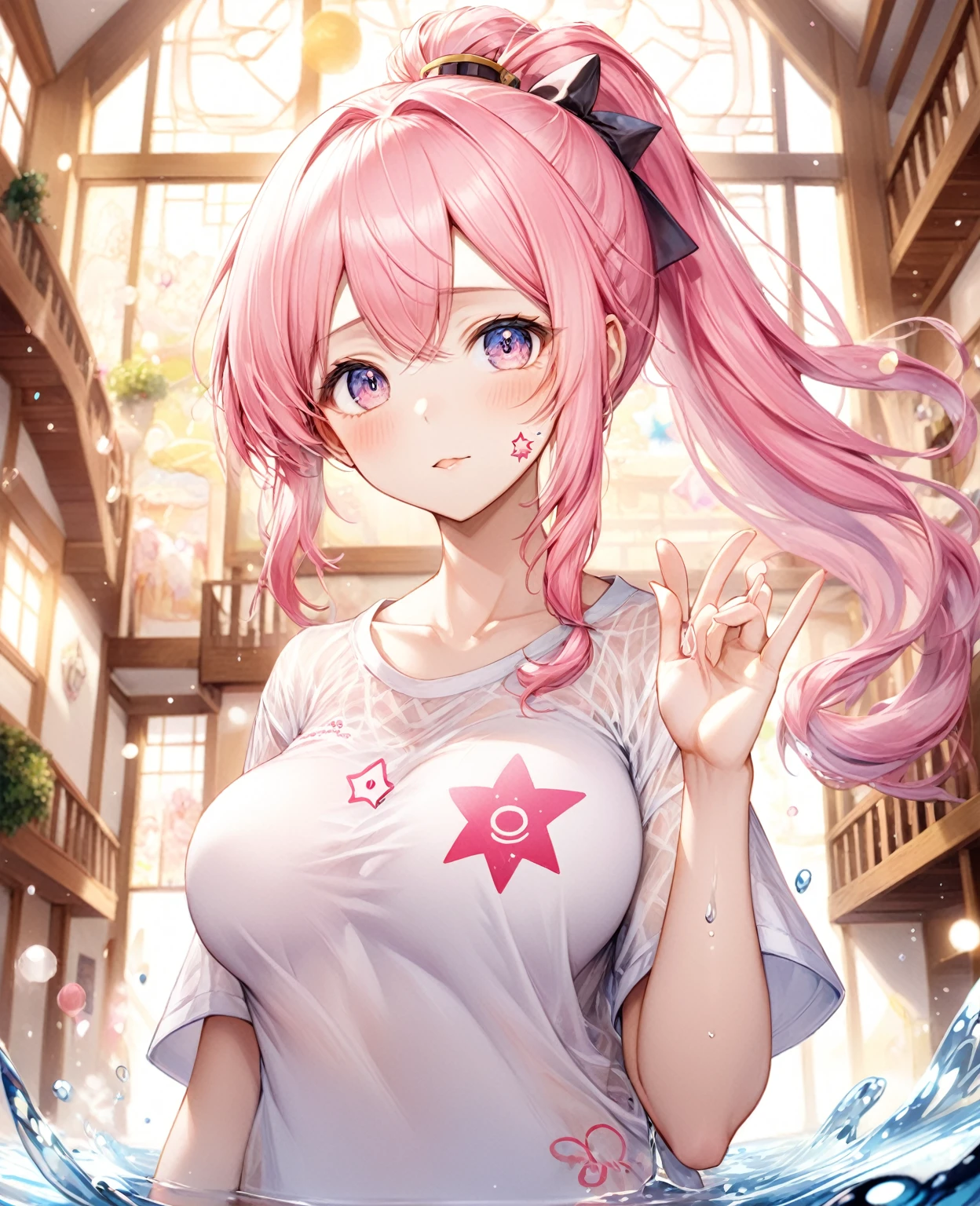 (Highest quality,8k,32K,masterpiece,Ultra-high resolution :1.2 ),born,One girl,Super cute,Natural light,Clear, shining eyes,20-year-old,Fair skin,A fantasy background of a clubhouse-like electronic world,Pink Hair,Hairstyle with some white mesh,High ponytail,Large Breasts,Oversized T-shirts,Nagashi somen,Nagashi somenを胸で受け止めている,Water on the chest,Meloic sign,Wish pose,Pink star tattoo under eye,Tehepero,Sticking out one's tongue,There is spray-painted graffiti on the wall,Band members,Tree eyes