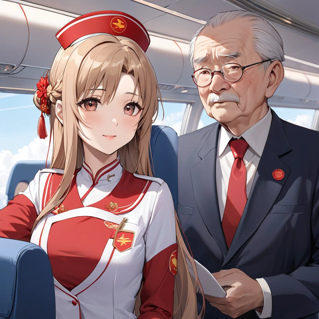 ((Highest quality)), ((masterpiece)), (detailed), （Perfect Face）、The woman is a Chinese flight attendant for Air China, named Yuuki Asuna, with light brown, medium-long hair.、The woman is wearing the red uniform of an Air China flight attendant.、The woman is a special flight attendant reserved for honorable members of the Chinese Communist Party, and is especially beautifully dressed to serve and be loved by the Communist Party members.、The woman was a first-class passenger, a dignified elderly man who was a member of the Chinese Communist Party, and was serving him with all her heart and soul.