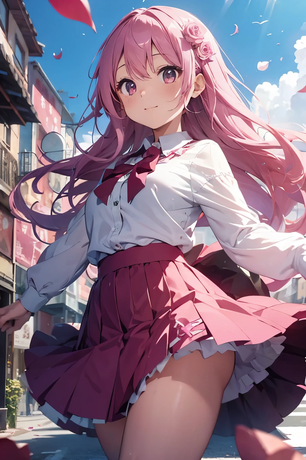 One Girl、Pink Hair、Long Hair、flare skirt、Dancing happily、Rose petals fluttering