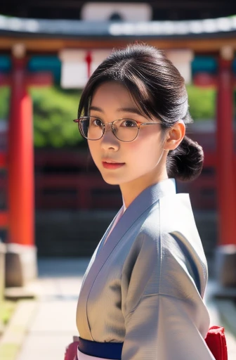 (8k, RAW photo, best quality, masterpiece), (photo realistic), outstanding details, ultra-high resolution, anatomically correct, textured skin, (Extremely precise and accurate anatomy),
Ultra Detailed Face, Detailed Eyes, 

A cute 35 year old Japanese girl,

(( Medium shot:1.4)), (looking at viewer:1.4), 
(faint smile),  (Mouth slightly open:0.1),
((low chignon hair:1.4)), (Small nose:1.2) , (small mouth:1.2), 
(Ultra Detailed Rimless small glasses:1.2),  pupils sparkling,  thin lips, thin eyebrows, thin arched eyebrows, 
dark brown hair, Forehead, 

outdoor, 
(furisode kimono), 
(standing in front of the torii gate facing forward), simple pose, 
(beautiful obi), (first visit to the shrine), (vermilion torii gate) , (Japanese floral pattern: 1.0), (Japanese traditional classical pattern: 1.2), Japanese hairpin, 
consecutive torii gates, shrine with many torii gates,

(background A simple and wide white room), 
morning sun, (backlighting), 
reflection light from below, 
atmospheric perspective, depth of field, 
(dramatic lighting), cinematic lighting, 