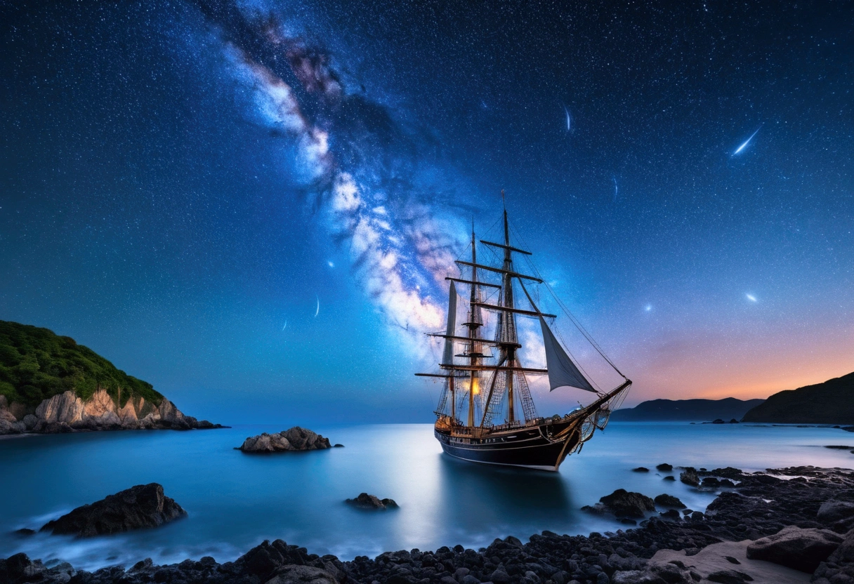 Master Parts、Superior Quality、superior image quality、The 8k quality、、Beautiful pictures of the starry sky、magnifica、Arched Milky Way:1.9、Sail ships:1.9、Blue Sea、shooting stars:1.9