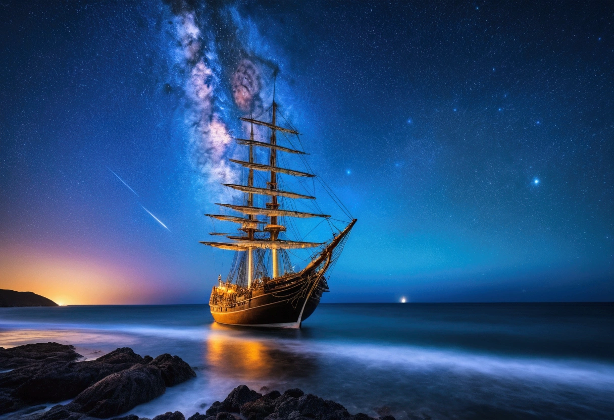 Master Parts、Superior Quality、superior image quality、The 8k quality、、Beautiful pictures of the starry sky、magnifica、Arched Milky Way:1.9、Sail ships:1.9、Blue Sea、shooting stars:1.9