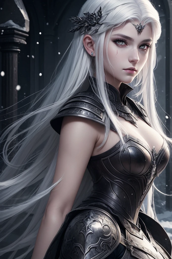 ((Best quality)), ((masterpiece)), (detailed), 1 girl, white eyes, White hair, portrait, (dark fantasy), snow, blood, armor, Dark aura
