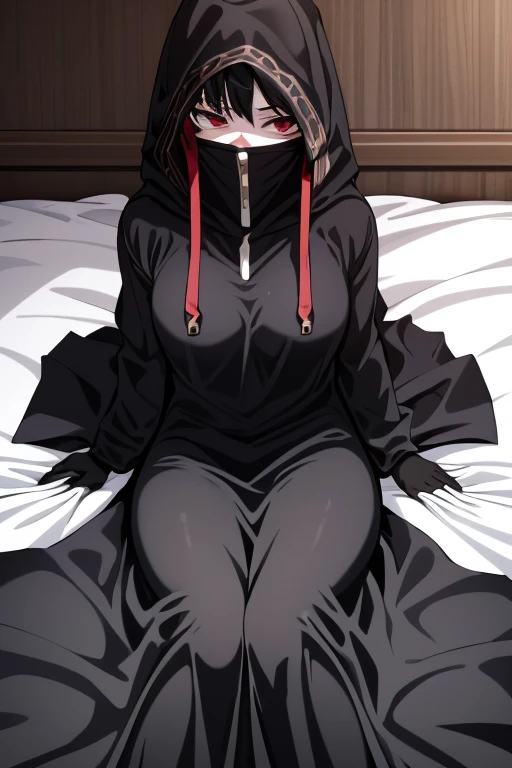 NNAssassinFSF, 1girl, solo, median breasts, black hair, red eyes, long sleeves, dress, hood, long skirt, black dress, cape, black cloak, hood up, black robe, covered mouth, hooded cloak, ((masterpiece,best quality)) bedroom , day, laying down. White gloves 