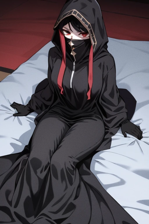 NNAssassinFSF, 1girl, solo, median breasts, black hair, red eyes, long sleeves, dress, hood, long skirt, black dress, cape, black cloak, hood up, black robe, covered mouth, hooded cloak, ((masterpiece,best quality)) bedroom , day, laying down. White gloves