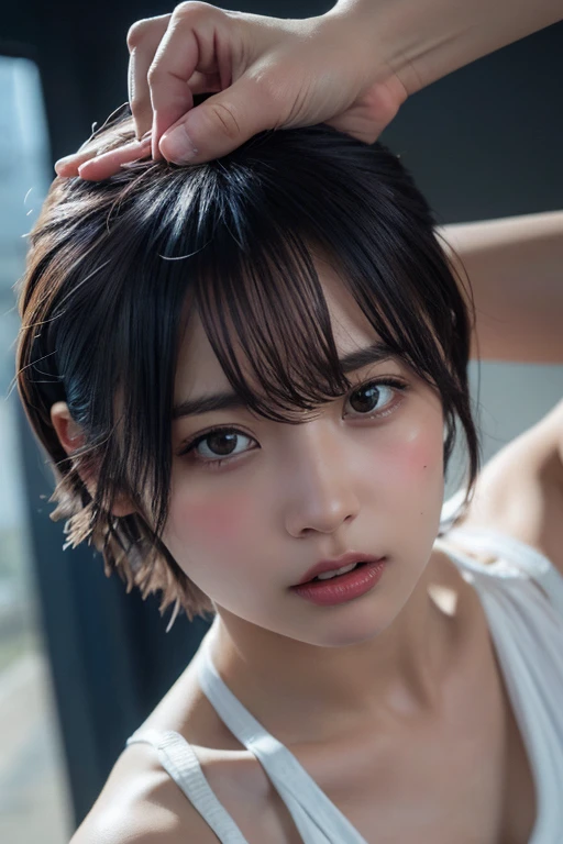 (Highest quality:1.4),(masterpiece:1.4),(Realistic:1.4),(Realistic:1.2),(超High resolution, RAW Photos:1.4),(High resolution, Very detailed:1.2),(8K:1.2),Cinematography,a photo of a dark-haired,Her hairstyle is a short bob with bangs.,One Girl,alone,(In underwear),((Upper Body:1.3)),fight the men,surrounded by men,,caught between men,being tackled by men,Intertwining with men, Attacked by men,assaulted by men,Being bullied by guys,being sexually abused by a man,Captured by a man,Being detained by a man、touch your face,、Hair is pulled hard,My head is grabbed,licked my hair,lick my face, (((very short hair)))