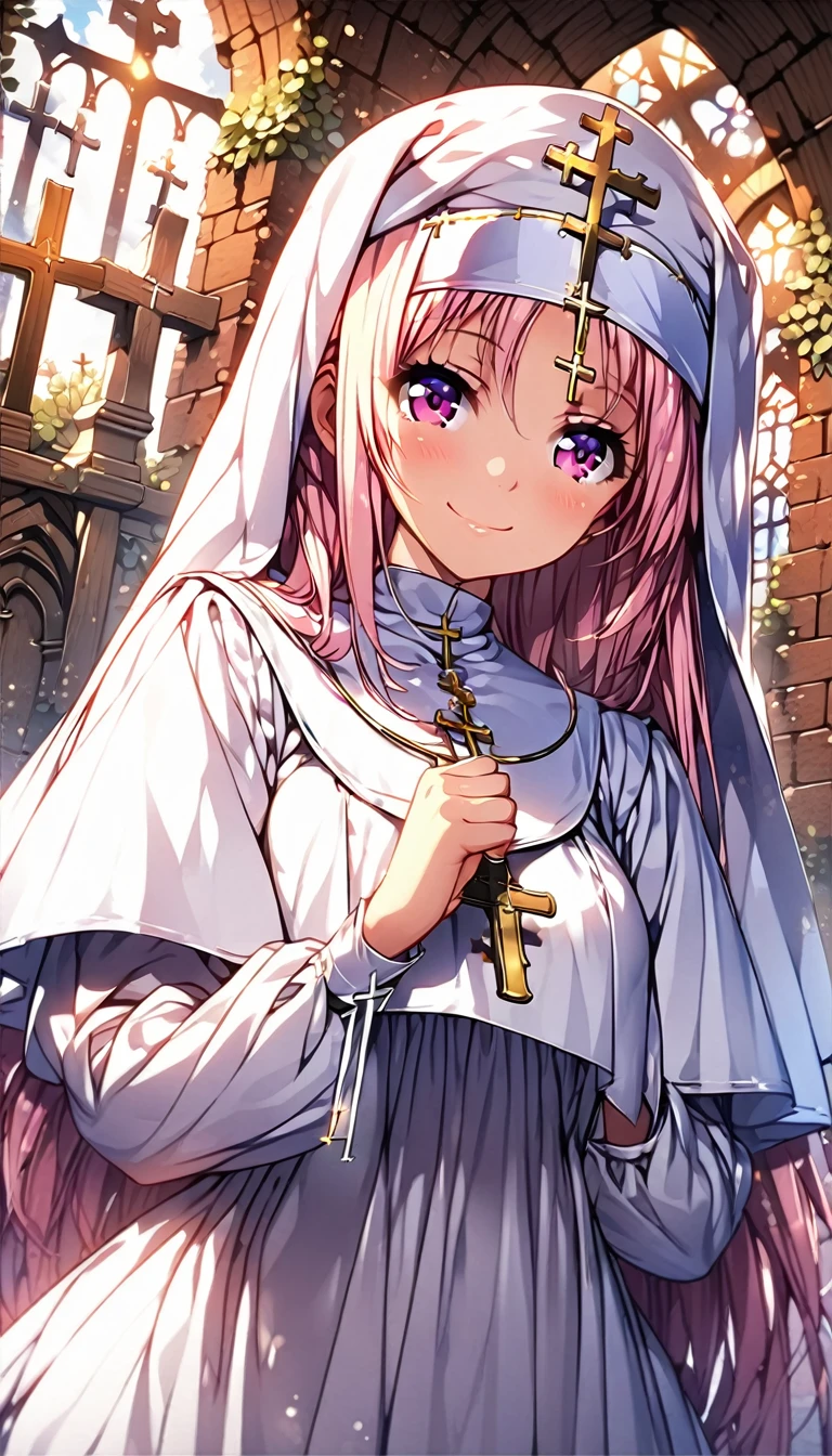 (Highest quality, 8k, 32K, masterpiece, Ultra-high resolution,:1.2),born, One girl,Super cute , Natural light,Clear, shining eyes, 20-year-old ,Fair skin, ((Extremely detailed CG unified 8k wallpaper)), (Huge and stunning goddess shot, Very hot and sexy, Incredible beauty, Perfect Proportions, Beautiful body, Slim body beauty:1.4), Medieval church, Brick wall, , ((Nuns, wearing white Nuns's outfit, Skins not showing, cross, Intricate details:1.3)), White Saint, Mid-chest, smile, pray