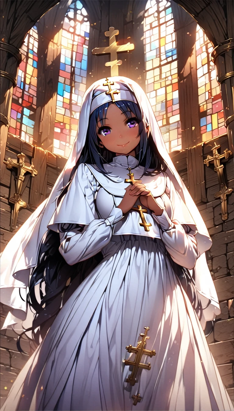 (Highest quality, 8k, 32K, masterpiece, Ultra-high resolution,:1.2),born, One girl,Super cute , Natural light,Clear, shining eyes, 20-year-old ,Fair skin, ((Extremely detailed CG unified 8k wallpaper)), (Huge and stunning goddess shot, Very hot and sexy, Incredible beauty, Perfect Proportions, Beautiful body, Slim body beauty:1.4), Medieval church, Brick wall, , ((Nuns, wearing white Nuns's outfit, Skins not showing, cross, Intricate details:1.3)), White Saint, Mid-chest, smile, pray