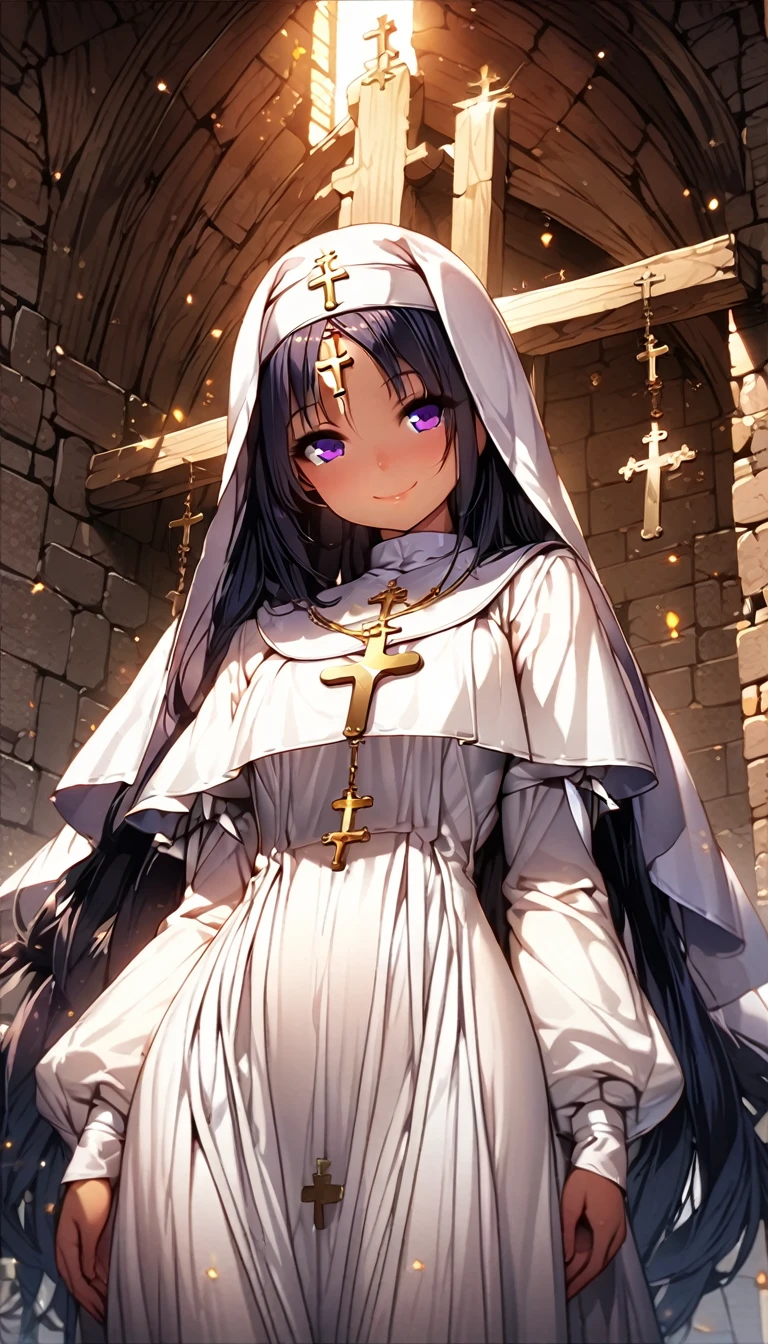 (Highest quality, 8k, 32K, masterpiece, Ultra-high resolution,:1.2),born, One girl,Super cute , Natural light,Clear, shining eyes, 20-year-old ,Fair skin, ((Extremely detailed CG unified 8k wallpaper)), (Huge and stunning goddess shot, Very hot and sexy, Incredible beauty, Perfect Proportions, Beautiful body, Slim body beauty:1.4), Medieval church, Brick wall, , ((Nuns, wearing white Nuns's outfit, Skins not showing, cross, Intricate details:1.3)), White Saint, Mid-chest, smile, pray