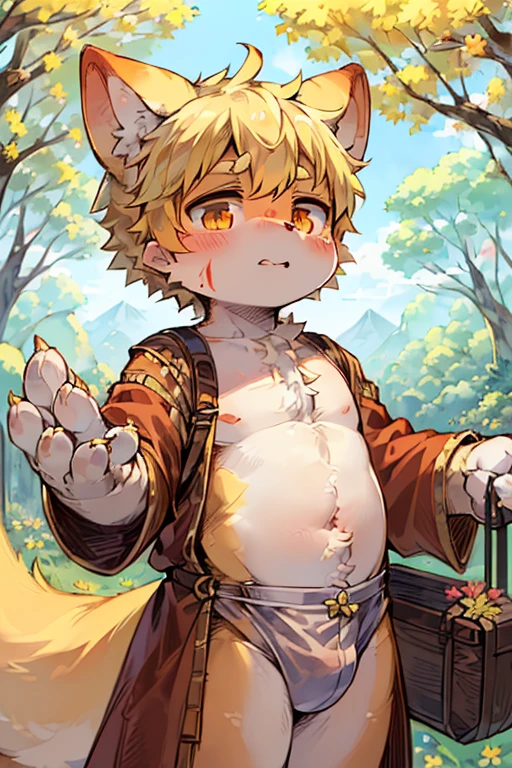 masterpiece,high quality,abstract res,number\(artwork\), From dagasi, Yes,Seizan,(Flower Charcoalo,Fluffy fur,character focus:1.1),Flower Charcoalo male cat,short hair,portrait , Bright eyes, panoramic, character focus.(Detailed background:0.7), 独奏, hairy, hairy male, Male focus, Masterpiece of time,high quality,abstract res,number\(artwork\), From dagasi, Yes,Seizan,(Flower Charcoalo,Fluffy fur,character focus:1.1),Human male fox，Bright eyes, panoramic, character focus.(Detailed background:0.6）, 独奏, hairy, hairy male, Male focus, Flower Charcoal,(Hairy all over, Hairy tail）fur，A -year boy，e，Hip bulge，Toddler，Blood-red pupils，A tail with a white tip，The ends of the limbs are white，Cute meat pads，Claw，cute boys，The ear tips are orange，Big hairy ears，Hairy big tail，Reasonable composition，Pale yellow hair，adventurer clothing，Brown cloth bag，In the woods，Extremely fine water，White loincloth，Slightly reddened，Dress coolly，Blonde short hair，Thin children，Blonde hair，cute child，cute little adventurer，Be open-minded，Ultra-clear。