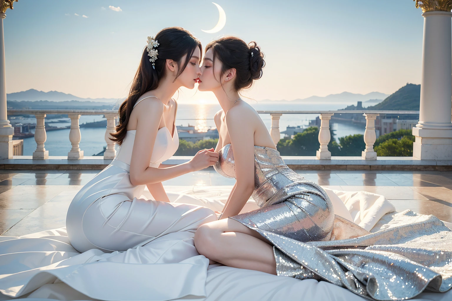 (masterpiece, highest quality, official art, beauty and aesthetics:1.5), perfect anatomy, two stunning brides are deeply in love with each other, both lying on a large white satin bed, kiss, Romantic atmosphere, flower and moon, magnificent panoramic view on a large terrace