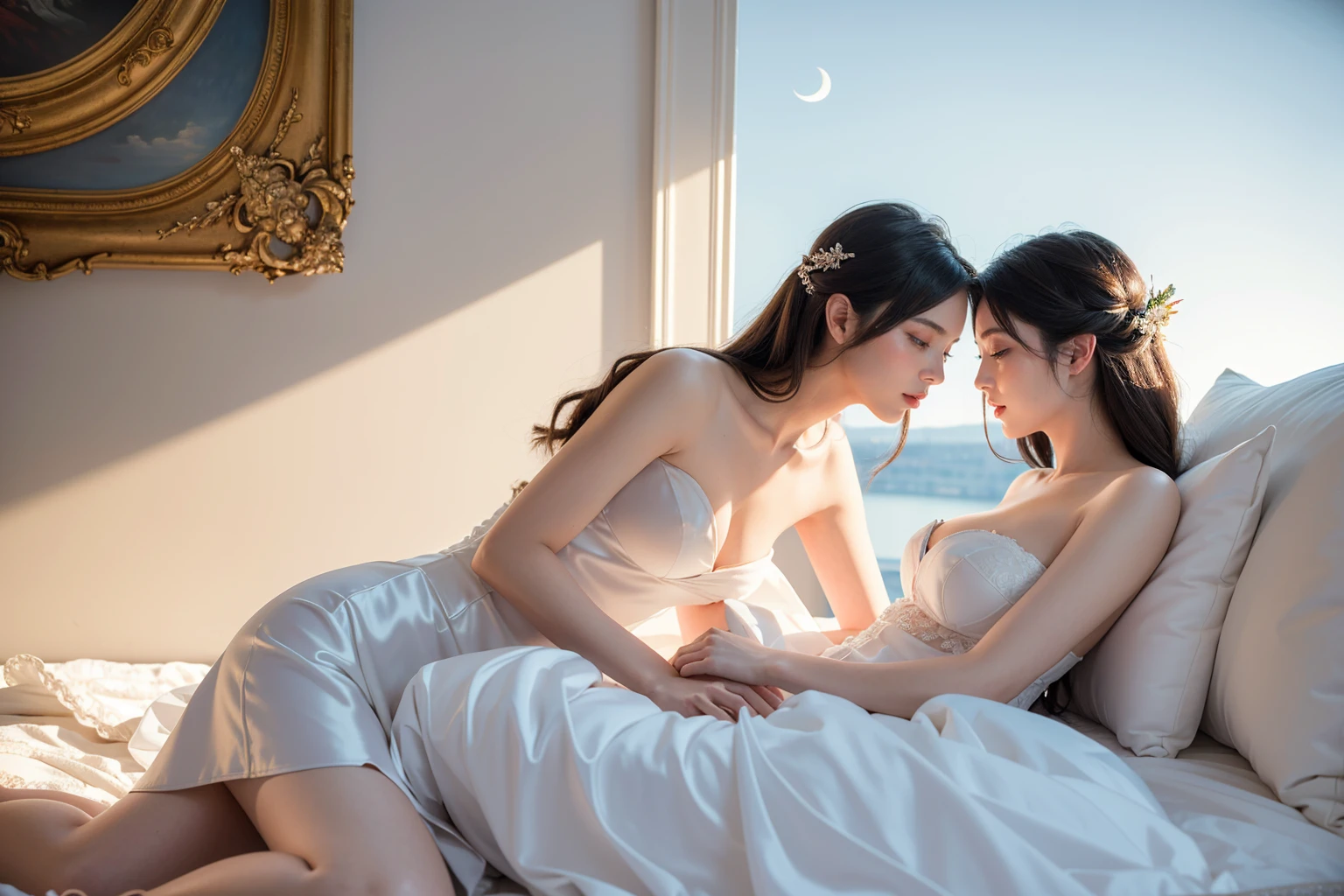 (masterpiece, highest quality, official art, beauty and aesthetics:1.5), perfect anatomy, two stunning brides are deeply in love with each other, both lying on a large white satin bed, kiss, Romantic atmosphere, flower and moon, magnificent panoramic view on a large terrace