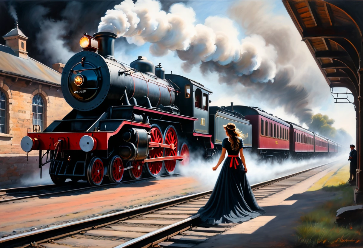 Pastel, drawing with dry chalk, dramatic scene at an old railway station, where a steam locomotive approaches a young woman lying on the tracks in front of the locomotive. The woman is dressed in a long dark dress with a red belt and looks distressed, holding out her hand as if seeking help. The train, an old steam engine with a classic design, releases thick smoke as it moves forward. The atmosphere is tense and dramatic, with muted, nostalgic colours. The style is intended to evoke a sense of old-fashioned historical drama, capturing the intensity and emotion of the moment.