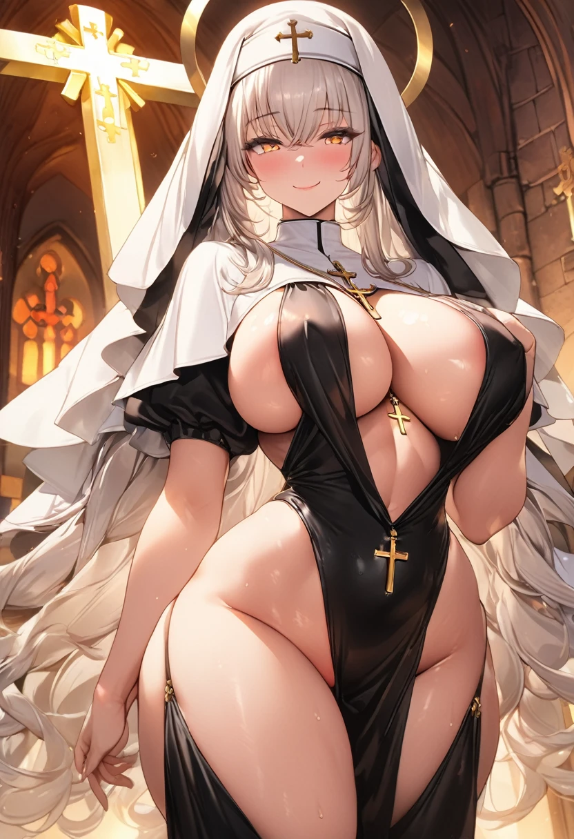 One Girl、Long Hair、Slightly large chest、(Slightly large chest:1.4)、Thick thighs、(Thick thighs:1.2)、Silver Hair、Golden Eyes、(Highest quality, 8k, 32K, masterpiece, Ultra-high resolution,:1.2),to be born, One Girl,So cute , Natural light,clear, Shining Eyes, 20-year-old ,Fair skin, See-through,((Extremely detailed CG unified 8k wallpaper)), (Huge and stunning goddess shot, Very hot and sexy, Incredible beauty, Perfect Proportions, Beautiful body, Slim body beauty:1.4), Medieval church, Brick wall, , ((Nuns, wearing white Nuns's outfit, Skins not showing, cross, Intricate details:1.3)), White Saint, Center of chest, smile, pray,sexy bra,Tie pants,Thong underwear