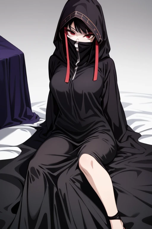 NNAssassinFSF, 1girl, solo, median breasts, black hair, red eyes, long sleeves, dress, hood, long skirt, black dress, cape, black cloak, hood up, black robe, covered mouth, hooded cloak, ((masterpiece,best quality)) bedroom , day, laying down. White gloves